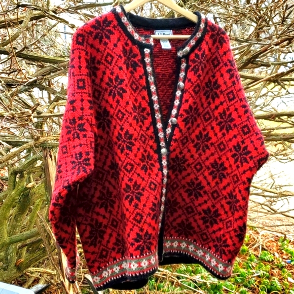 LL Bean Nordic Wool Ribbon Trim Snowflake Fair Isle Cardigan sweater XL - Picture 1 of 6
